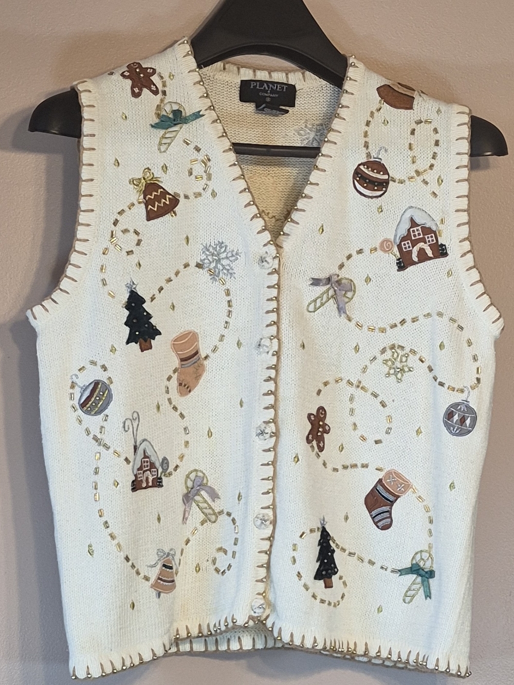 Gold Cream Holiday Embroidered V-Neck Sweater Vest
